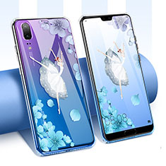 Coque Ultra Fine TPU Souple Housse Etui Transparente Fleurs T01 pour Huawei P20 Bleu