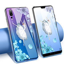 Coque Ultra Fine TPU Souple Housse Etui Transparente Fleurs T02 pour Huawei P20 Pro Bleu