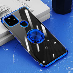 Coque Ultra Slim Silicone Souple Housse Etui Transparente avec Support Bague Anneau Aimante Magnetique AN1 pour Google Pixel 5a 5G Bleu
