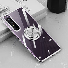 Coque Ultra Slim Silicone Souple Housse Etui Transparente avec Support Bague Anneau Aimante Magnetique pour Sony Xperia 1 III Argent
