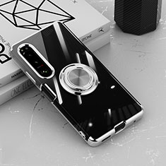 Coque Ultra Slim Silicone Souple Housse Etui Transparente avec Support Bague Anneau Aimante Magnetique pour Sony Xperia 10 IV Argent