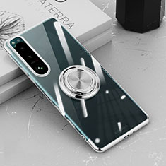 Coque Ultra Slim Silicone Souple Housse Etui Transparente avec Support Bague Anneau Aimante Magnetique pour Sony Xperia 5 III Argent