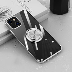 Coque Ultra Slim Silicone Souple Housse Etui Transparente avec Support Bague Anneau Aimante Magnetique Z02 pour Apple iPhone 14 Argent