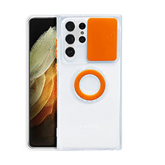Coque Ultra Slim Silicone Souple Housse Etui Transparente avec Support Bague Anneau S02 pour Samsung Galaxy S22 Ultra 5G Orange
