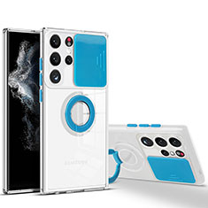Coque Ultra Slim Silicone Souple Housse Etui Transparente avec Support Bague Anneau S03 pour Samsung Galaxy S22 Ultra 5G Bleu