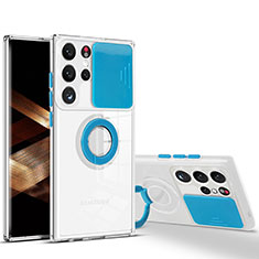 Coque Ultra Slim Silicone Souple Housse Etui Transparente avec Support Bague Anneau S03 pour Samsung Galaxy S24 Ultra 5G Bleu