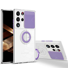 Coque Ultra Slim Silicone Souple Housse Etui Transparente avec Support Bague Anneau S03 pour Samsung Galaxy S24 Ultra 5G Violet