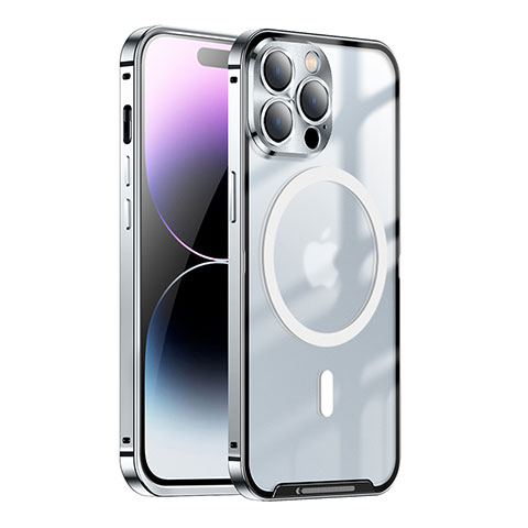 Coque Bumper Luxe Metal et Plastique Etui Housse avec Mag-Safe Magnetic Magnetique LK1 pour Apple iPhone 15 Pro Argent