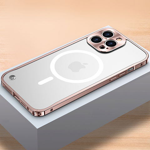 Coque Bumper Luxe Metal et Plastique Etui Housse avec Mag-Safe Magnetic Magnetique QC1 pour Apple iPhone 14 Pro Or Rose