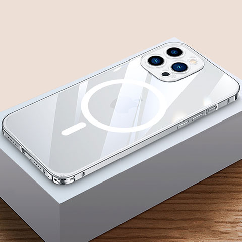 Coque Bumper Luxe Metal et Plastique Etui Housse avec Mag-Safe Magnetic Magnetique QC4 pour Apple iPhone 15 Pro Argent