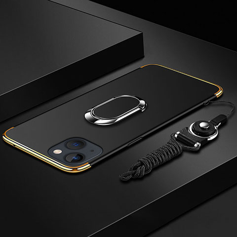 Coque Bumper Luxe Metal et Plastique Etui Housse avec Support Bague Anneau et Laniere pour Apple iPhone 14 Noir
