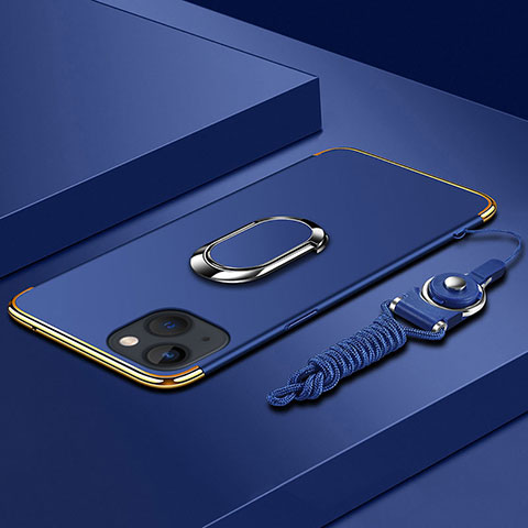 Coque Bumper Luxe Metal et Plastique Etui Housse avec Support Bague Anneau et Laniere pour Apple iPhone 14 Plus Bleu