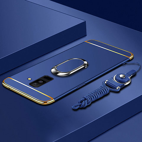 Coque Bumper Luxe Metal et Plastique Etui Housse avec Support Bague Anneau et Laniere pour Samsung Galaxy A6 Plus Bleu