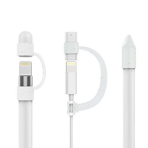 Coque Capuchon Holder Silicone Couverture de Plume Cable Lightning Adaptateur Anti-Perdu P01 pour Apple Pencil Blanc