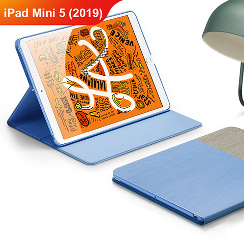 Coque Clapet Portefeuille Livre Cuir L02 pour Apple iPad Mini 5 (2019) Bleu Ciel