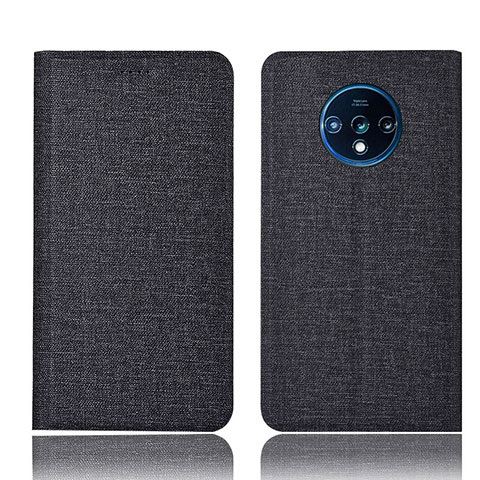 Coque Clapet Portefeuille Livre Tissu H01 pour OnePlus 7T Noir