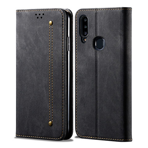 Coque Clapet Portefeuille Livre Tissu pour Samsung Galaxy A20s Noir