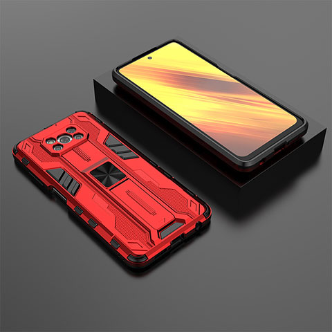 Coque Contour Silicone et Plastique Housse Etui Mat avec Aimant Magnetique Support KC2 pour Xiaomi Poco X3 NFC Rouge