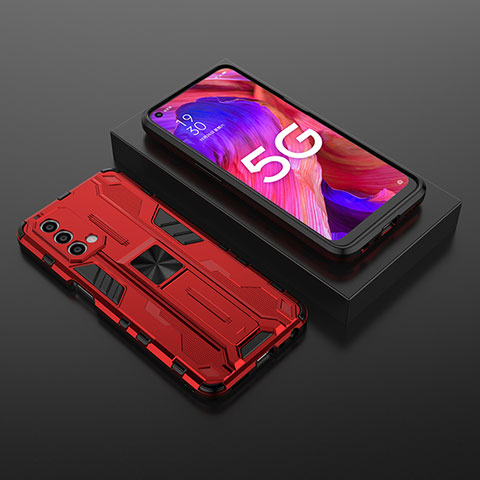 Coque Contour Silicone et Plastique Housse Etui Mat avec Aimant Magnetique Support T02 pour OnePlus Nord N200 5G Rouge