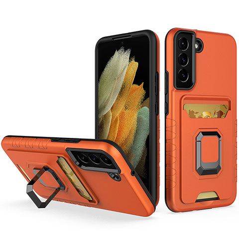 Coque Contour Silicone et Plastique Housse Etui Mat avec Magnetique Support Bague Anneau J03S pour Samsung Galaxy S22 5G Orange