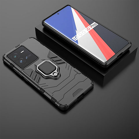 Coque Contour Silicone et Plastique Housse Etui Mat avec Magnetique Support Bague Anneau KC1 pour Vivo iQOO 10 Pro 5G Noir