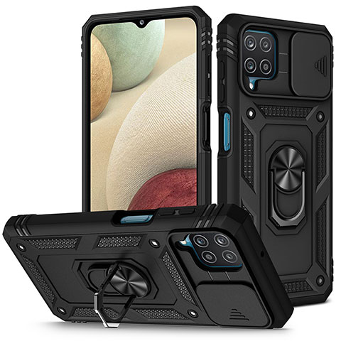 Coque Contour Silicone et Plastique Housse Etui Mat avec Magnetique Support Bague Anneau MQ5 pour Samsung Galaxy F12 Noir