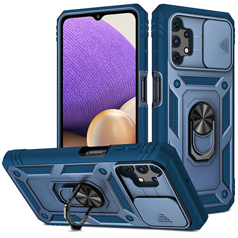 Coque Contour Silicone et Plastique Housse Etui Mat avec Magnetique Support Bague Anneau MQ5 pour Samsung Galaxy M32 5G Bleu