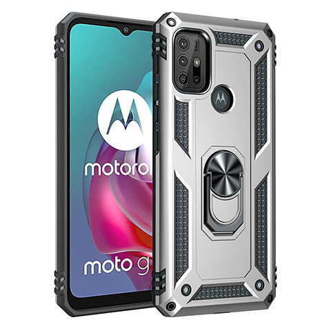 Coque Contour Silicone et Plastique Housse Etui Mat avec Magnetique Support Bague Anneau pour Motorola Moto G10 Power Argent