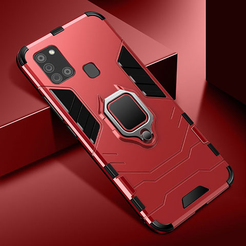 Coque Contour Silicone et Plastique Housse Etui Mat avec Magnetique Support Bague Anneau pour Samsung Galaxy A21s Rouge