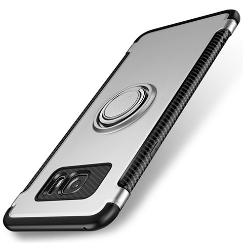 Coque Contour Silicone et Plastique Housse Etui Mat avec Magnetique Support Bague Anneau pour Samsung Galaxy S7 Edge G935F Argent