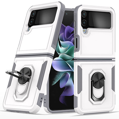 Coque Contour Silicone et Plastique Housse Etui Mat avec Magnetique Support Bague Anneau pour Samsung Galaxy Z Flip4 5G Blanc
