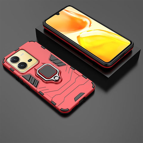 Coque Contour Silicone et Plastique Housse Etui Mat avec Magnetique Support Bague Anneau pour Vivo X80 Lite 5G Rouge