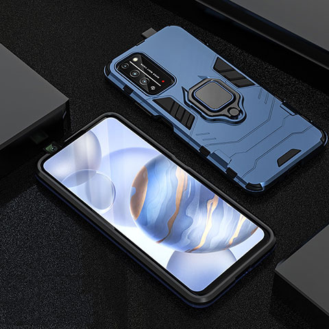 Coque Contour Silicone et Plastique Housse Etui Mat avec Magnetique Support Bague Anneau R01 pour Huawei Honor X10 5G Bleu