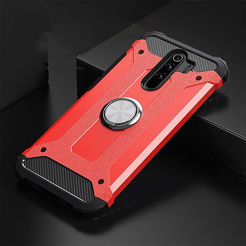 Coque Contour Silicone et Plastique Housse Etui Mat avec Magnetique Support Bague Anneau R01 pour Xiaomi Redmi Note 8 Pro Rouge