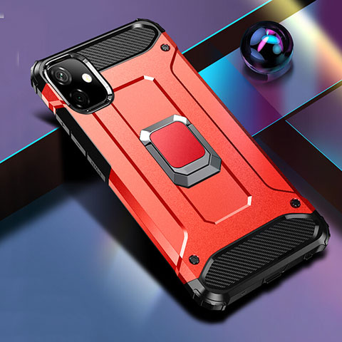 Coque Contour Silicone et Plastique Housse Etui Mat avec Magnetique Support Bague Anneau R04 pour Apple iPhone 11 Rouge