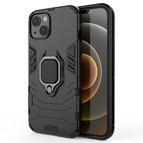Coque Contour Silicone et Plastique Housse Etui Mat avec Magnetique Support Bague Anneau S01 pour Apple iPhone 14 Noir