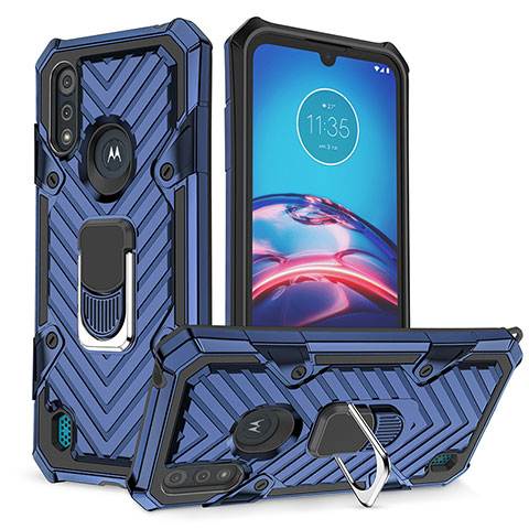Coque Contour Silicone et Plastique Housse Etui Mat avec Magnetique Support Bague Anneau S01 pour Motorola Moto E6s (2020) Bleu