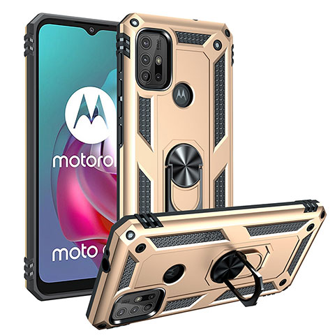 Coque Contour Silicone et Plastique Housse Etui Mat avec Magnetique Support Bague Anneau S01 pour Motorola Moto G30 Or