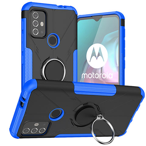 Coque Contour Silicone et Plastique Housse Etui Mat avec Magnetique Support Bague Anneau S02 pour Motorola Moto G10 Bleu