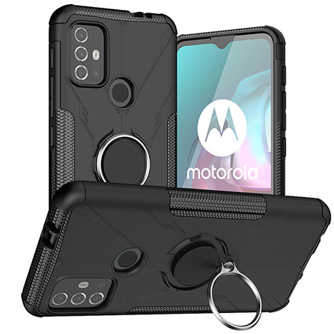 Coque Contour Silicone et Plastique Housse Etui Mat avec Magnetique Support Bague Anneau S02 pour Motorola Moto G20 Noir