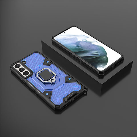 Coque Contour Silicone et Plastique Housse Etui Mat avec Magnetique Support Bague Anneau S03 pour Samsung Galaxy S22 5G Bleu