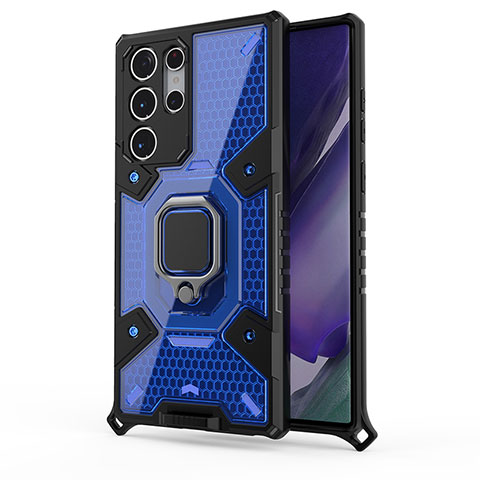 Coque Contour Silicone et Plastique Housse Etui Mat avec Magnetique Support Bague Anneau S03 pour Samsung Galaxy S22 Ultra 5G Bleu