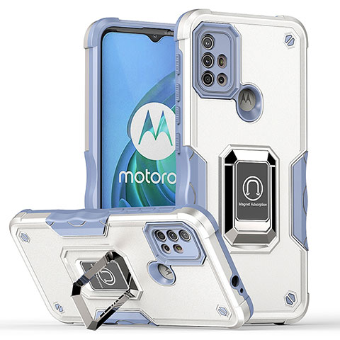Coque Contour Silicone et Plastique Housse Etui Mat avec Magnetique Support Bague Anneau S05 pour Motorola Moto G20 Blanc