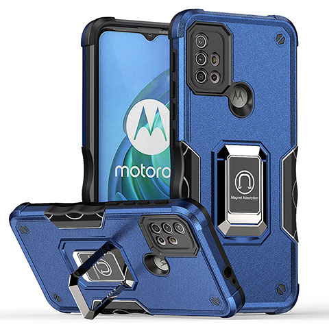 Coque Contour Silicone et Plastique Housse Etui Mat avec Magnetique Support Bague Anneau S05 pour Motorola Moto G30 Bleu