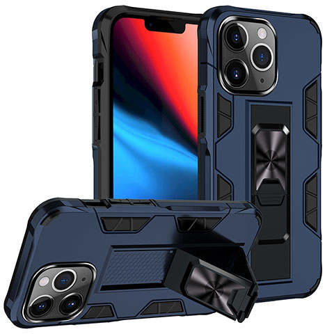 Coque Contour Silicone et Plastique Housse Etui Mat avec Magnetique Support Bague Anneau S07 pour Apple iPhone 13 Pro Max Bleu