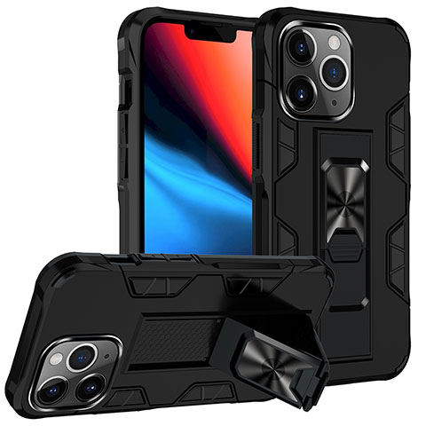 Coque Contour Silicone et Plastique Housse Etui Mat avec Magnetique Support Bague Anneau S07 pour Apple iPhone 13 Pro Max Noir