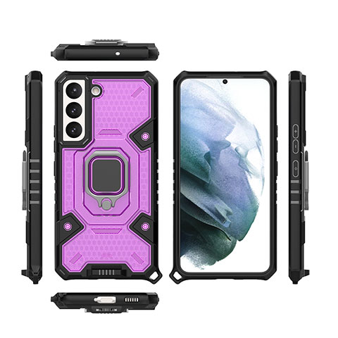 Coque Contour Silicone et Plastique Housse Etui Mat avec Magnetique Support Bague Anneau S07 pour Samsung Galaxy S22 5G Violet