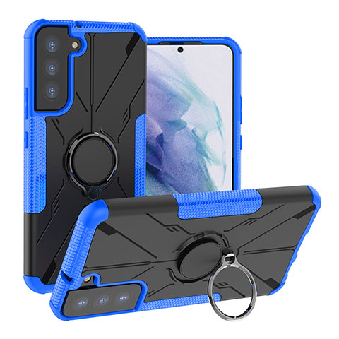 Coque Contour Silicone et Plastique Housse Etui Mat avec Magnetique Support Bague Anneau T08 pour Samsung Galaxy S21 FE 5G Bleu
