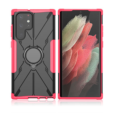 Coque Contour Silicone et Plastique Housse Etui Mat avec Magnetique Support Bague Anneau T09 pour Samsung Galaxy S21 Ultra 5G Rose Rouge