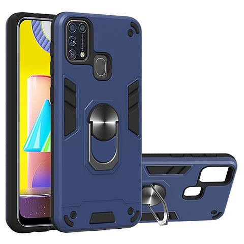 Coque Contour Silicone et Plastique Housse Etui Mat avec Magnetique Support Bague Anneau Y01B pour Samsung Galaxy M31 Prime Edition Bleu